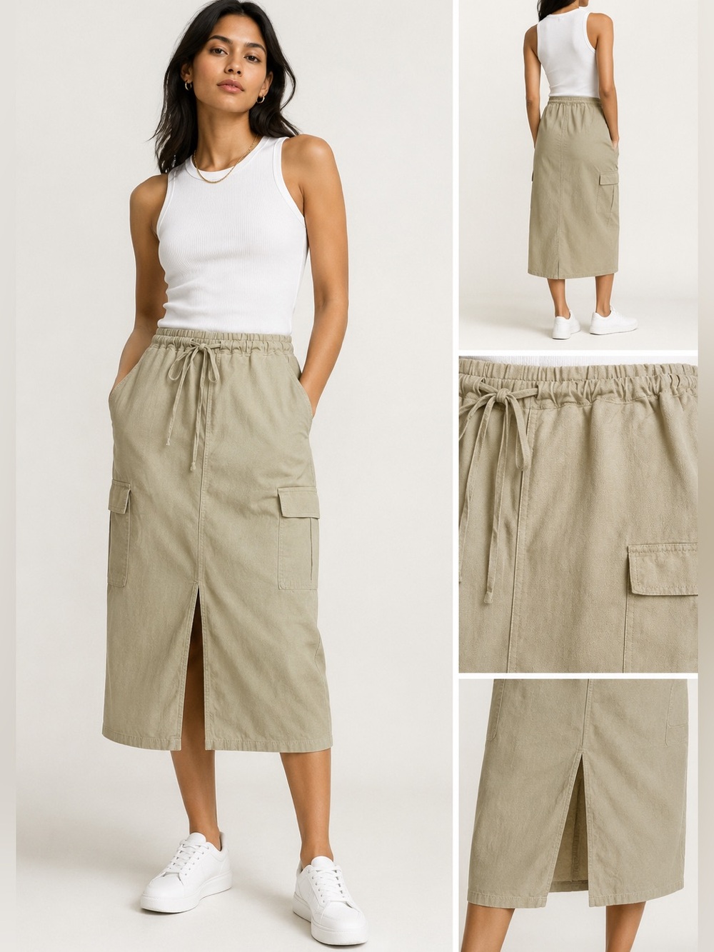GAP Petite Linen Blend Cargo Midi Skirt Khaki Drawstring Utility Slit Size SP